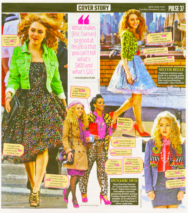 The Carrie Diaries stars Annasophia Robb, with Freema Agyeman, both shown here in a range of outfits (created by The Carrie Diaries costume designer Eric Daman) including clothes by TopShop, H&M, Collette Dinnigan, Mac Duggal Couture, Dior, Coach, Intermix, Robert Rodriguez, Eva Franco, to name a few.